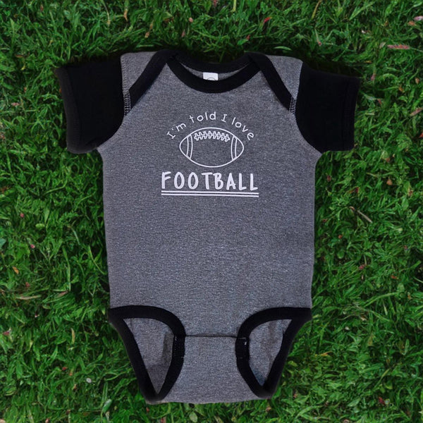 I'm Told I Love Football Baby Bodysuit, Heather Gray & Black Game Day Infant Outfit, Sports Baby Shower Gift, Cute Infant Bodysuit