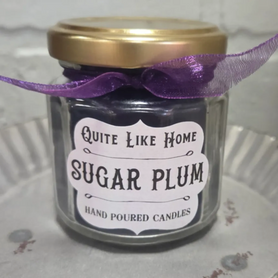 Sugar Plum scented 4 oz. jar candle with gold lid, & organza ribbon