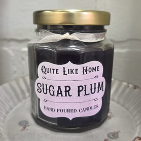 Sugar Plum scented 6.5 oz. jar candle with gold lid, & organza ribbon