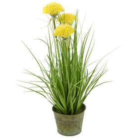 18" Tall Faux Yellow Mums Grass Plant Décor