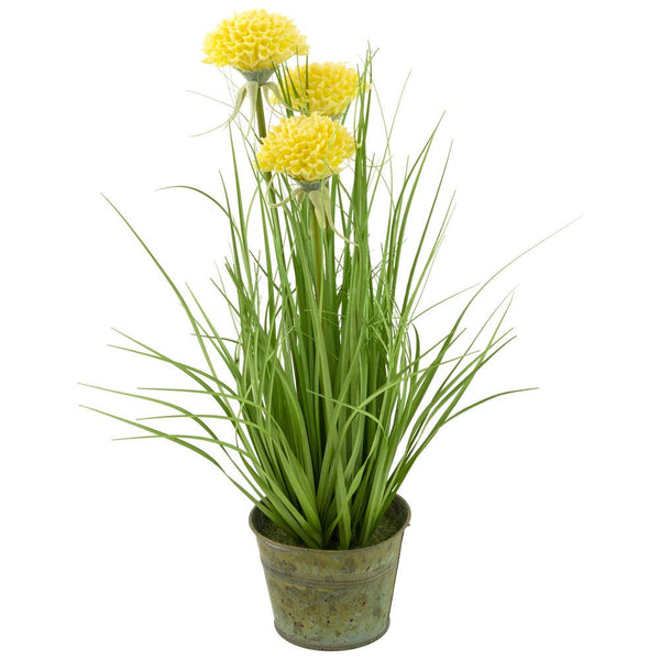 18" Tall Faux Yellow Mums Grass Plant Décor