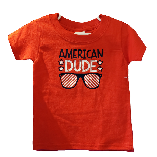 All American Dude, red, unisex CHILDREN'S size shirt. Youth sizes XS- XL