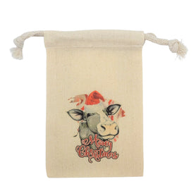 Mooey Christmas cow in Santa hat 4" x 6" cotton muslin gift bag