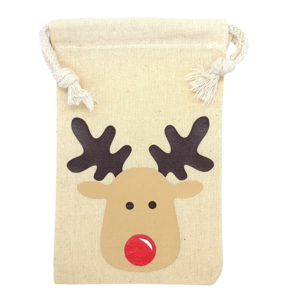 Cute Rudolph 4" x 6" cotton muslin gift bag/ pouch