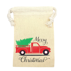 Red vintage truck w/ Christmas tree, Merry Christmas 4x6" cotton muslin gift bag