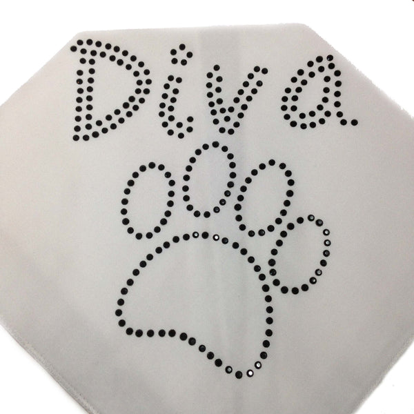 Rhinestone diva with paw tie on dog / pet bandana