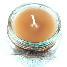 Vanilla Latte scented 4 oz. jar candle with gold lid, & organza ribbon