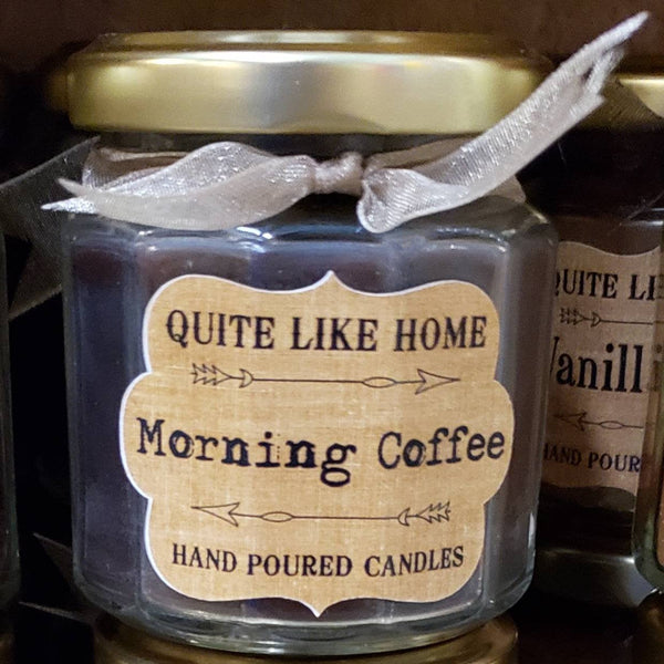 Morning Coffee scented 4 oz. jar candle w/ gold lid & organza ribbon