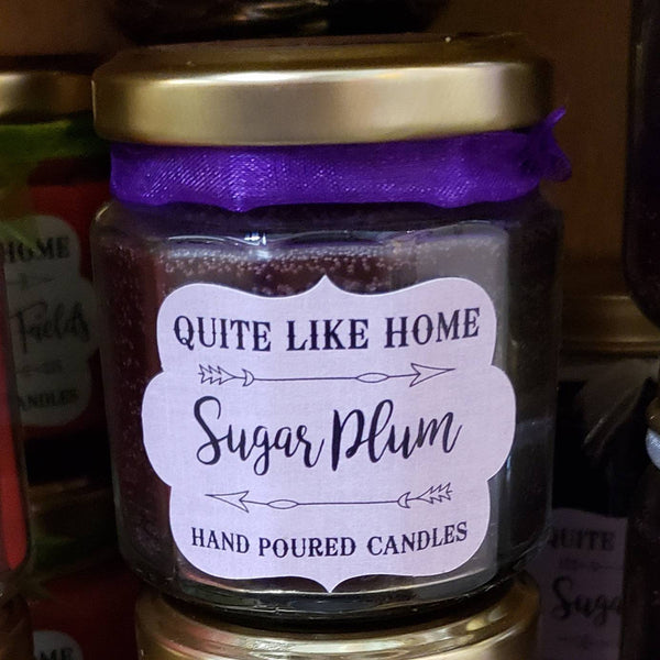 Sugar Plum scented 4 oz. jar candle with gold lid, & organza ribbon
