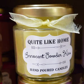 Baby Powder scented 4 oz. jar candle w/ gold lid, & organza ribbon
