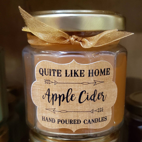 Apple Cider scented 4 oz. jar candle w/ gold lid, & organza ribbon