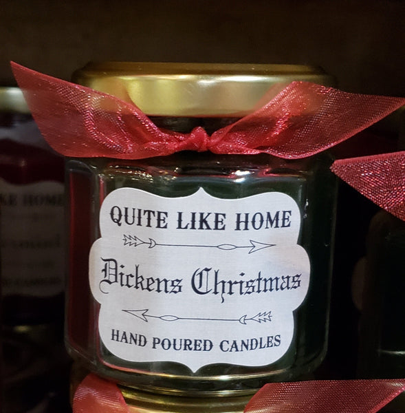 Dickens Christmas scented 4 oz. jar candle with gold lid, & organza ribbon.