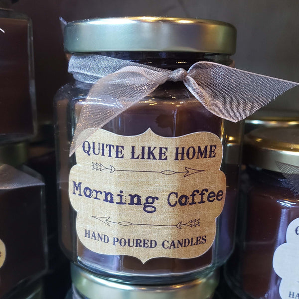 Morning Coffee scented 6.5 oz. jar candle w/ gold lid & organza ribbon