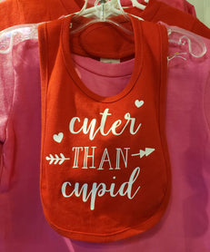 Cuter than Cupid bib- cute, valentine, Valentine's Day, red, hearts, arrow