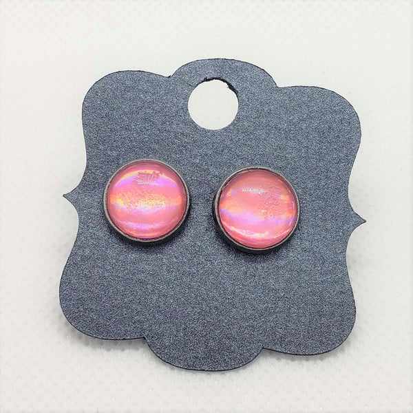 12mm (.47") diameter, circular, holographic pink, stainless steel stud earrings