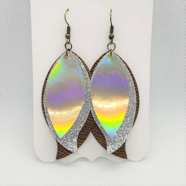Triple stacked gold, silver, and bronze leaf shaped faux leather earrings