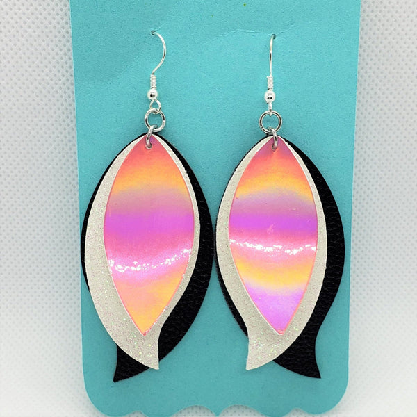 Triple stacked pink, white, and black leaf shaped faux leather earrings