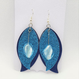 Triple stacked blue, turquoise, & ice blue leaf shaped faux leather earrings