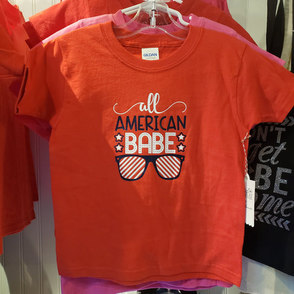 All American Babe, red, unisex CHILDREN'S size shirt. Youth sizes XS- XL