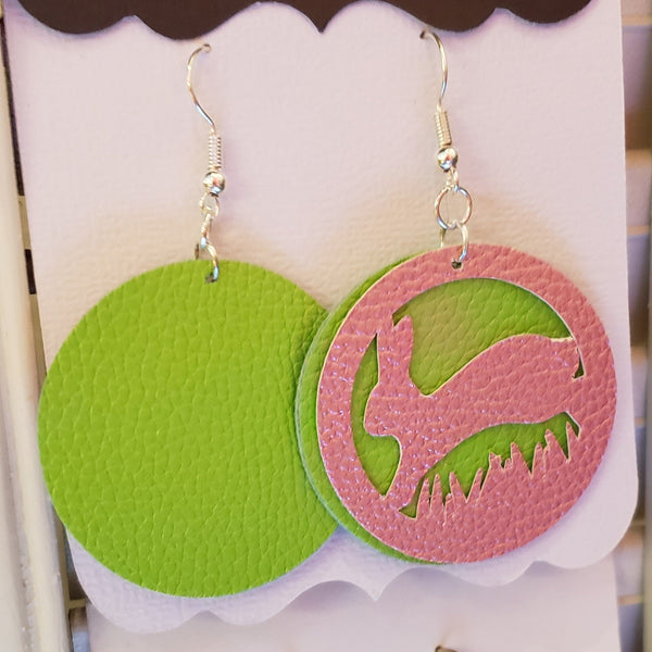 Bunny frolicking in the grass faux leather earrings