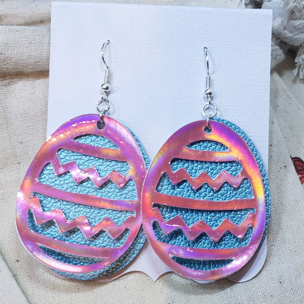 Fun, holographic Easter egg faux leather earrings