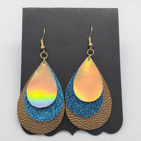 Triple stacked gold, turquoise, and bronze teardrop shaped faux leather earrings