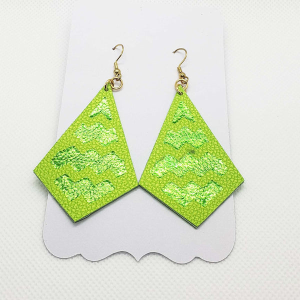 Diamond teardrop shaped faux leather earrings w/ metallic green chevron pattern