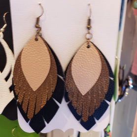 Triple stacked gold, bronze, and black varied leaf shaped faux leather earrings