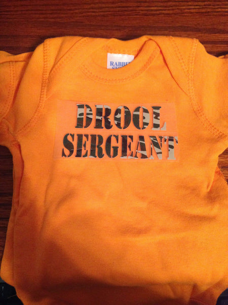 Drool sergeant bodysuit / creeper. Baby humor, play on words, babies drool